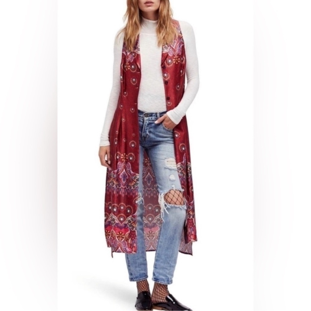 Free People Come See About Me Satin Printed Bohemian Vest Duster Size XS